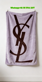 Yves Saint Laurent YSL Dark Brown Logo on Light Lavender Background Print Flannel Sofa Throw Blanket Luxury Minimalist Decor Blanket IMG_3251